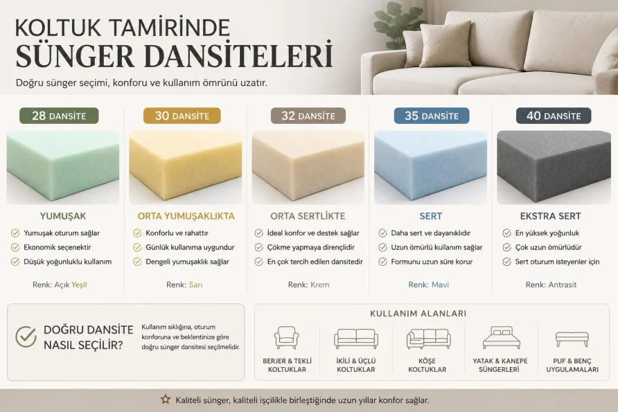 Moda Koltuk koltuk süngerleri dansite tablosu - 28, 30, 32, 35 ve 40 dansite sünger seçenekleri